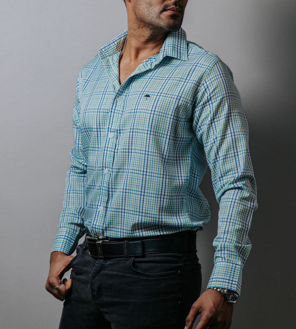 Camisa Hombre Casual Blanca Cuadros Verde y Azul