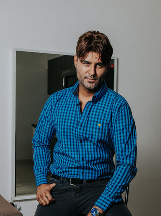 Camisa Hombre Casual Mini Cuadros Negros, Azul