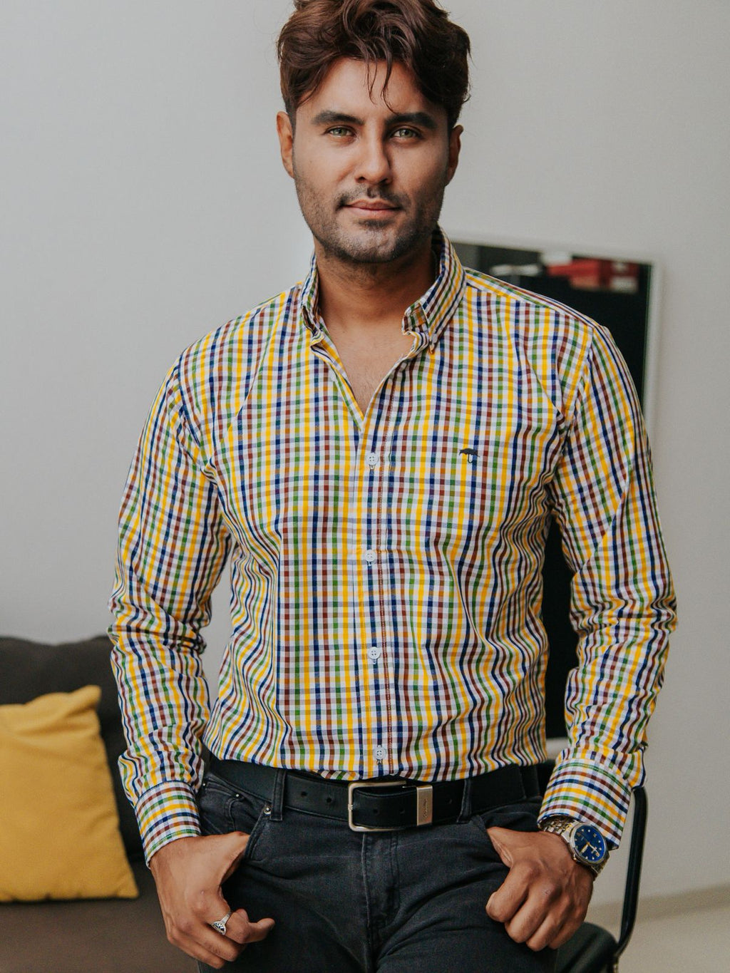 Camisa Hombre Casual Mini Cuadros Café Amarillo Azul Marino