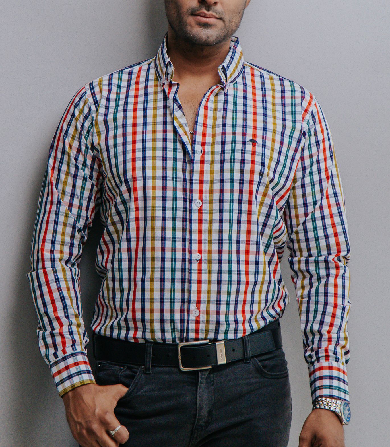 Camisa Hombre Casual Cuadros Amarillo Morado y Naranja