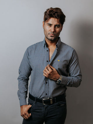 Camisa Hombre Casual Mini Cuadros Azul Marino y Arena