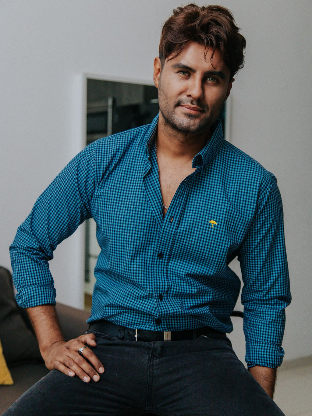 Camisa Hombre Casual Mini cuadros Turquesa Claro y Negro