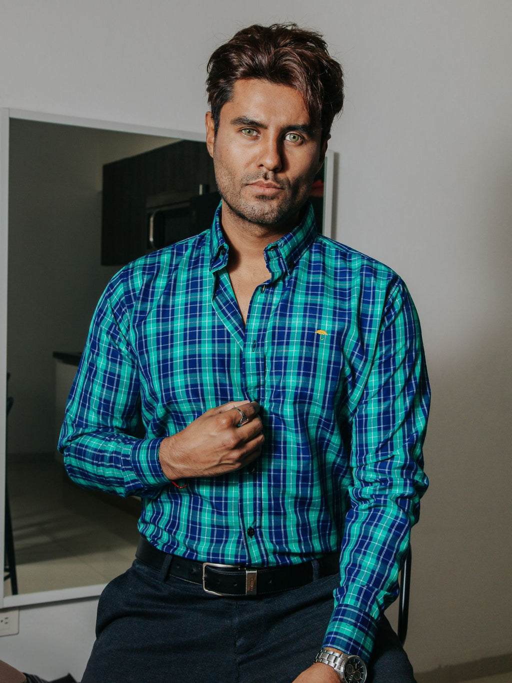 Camisa Hombre Casual Cuadros Azul Rey y Verde