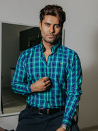 Camisa Hombre Casual Cuadros Azul Rey y Verde