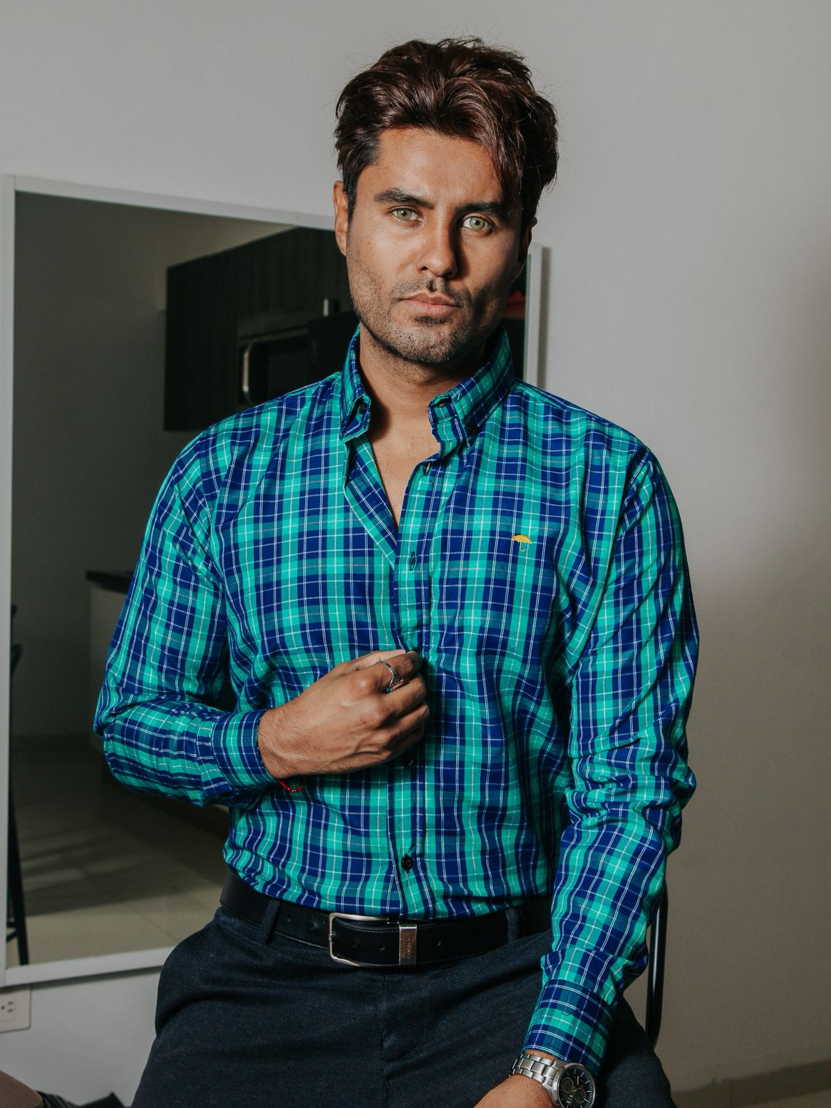 Camisa Hombre Casual Cuadros Azul Rey y Verde