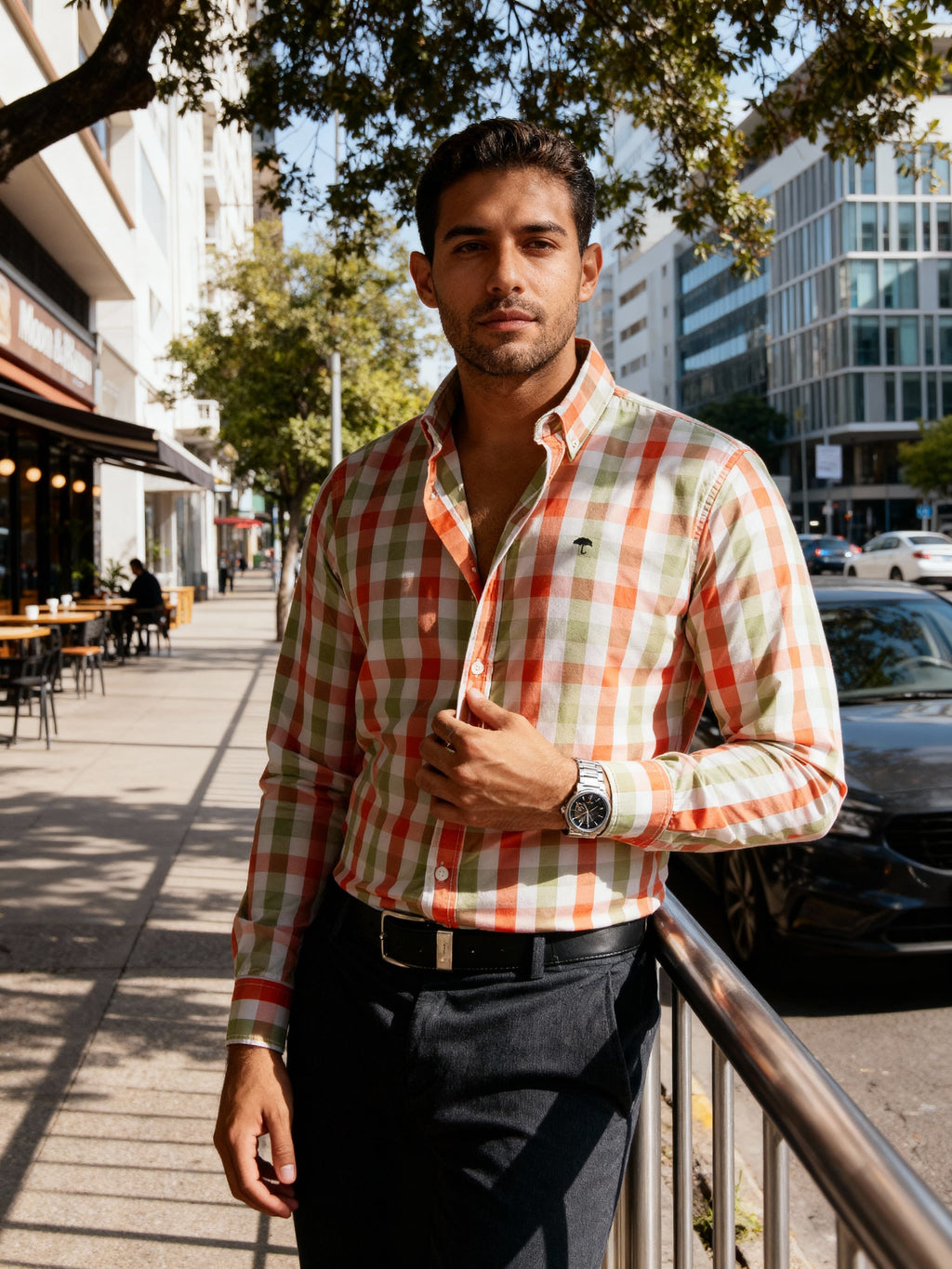 Camisa Hombre Casual Cuadros Verde Rosa y Blanco