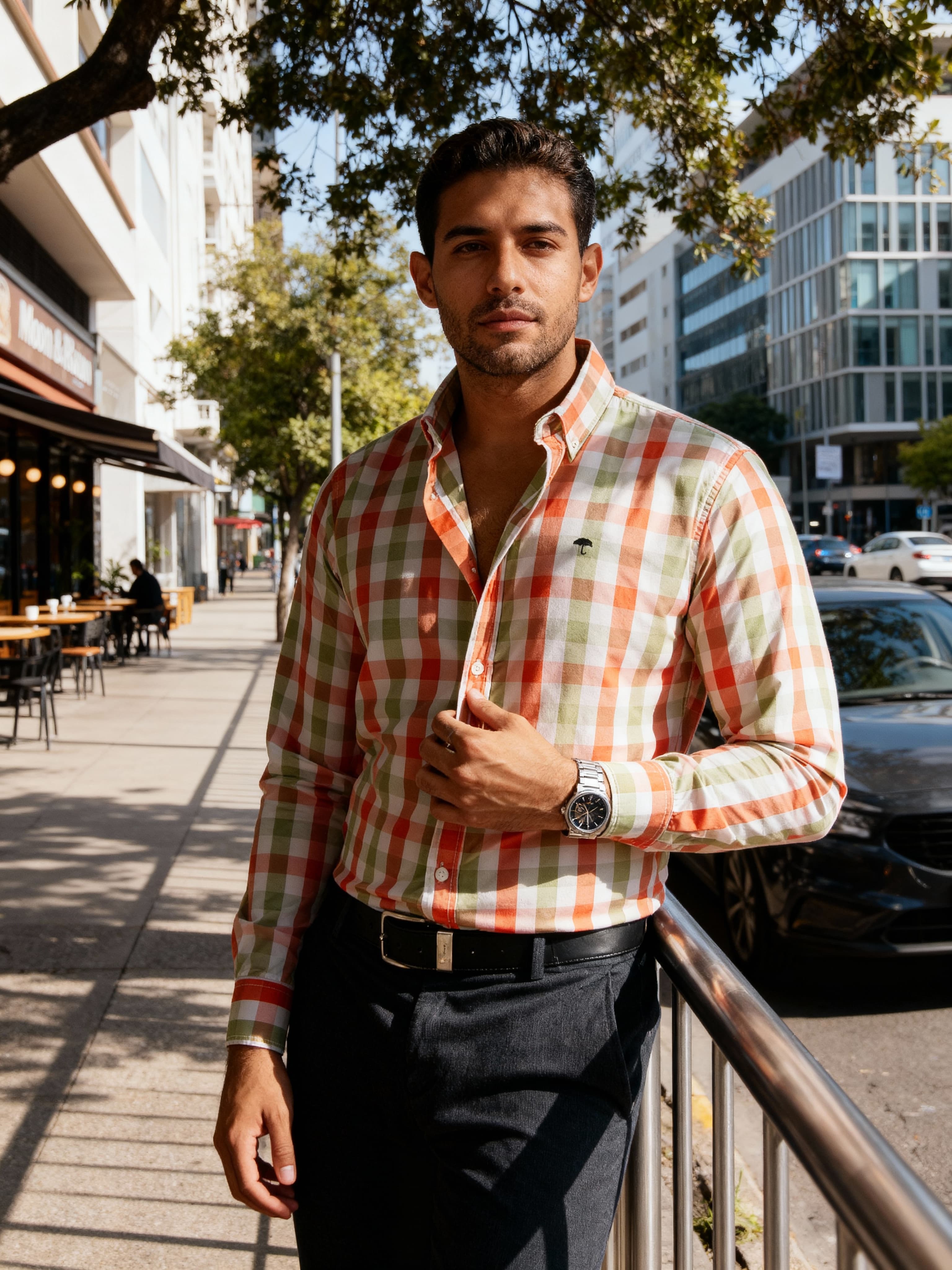 Camisa Hombre Casual Cuadros Verde Rosa y Blanco