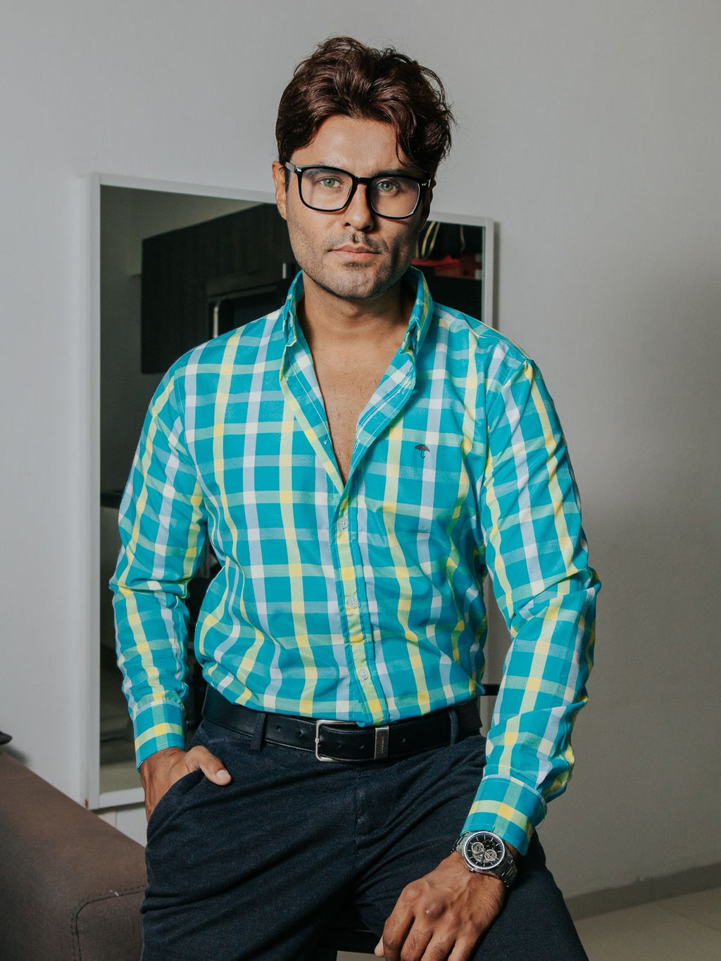 Camisa Hombre Casual Cuadros Verde Blanco y Azul