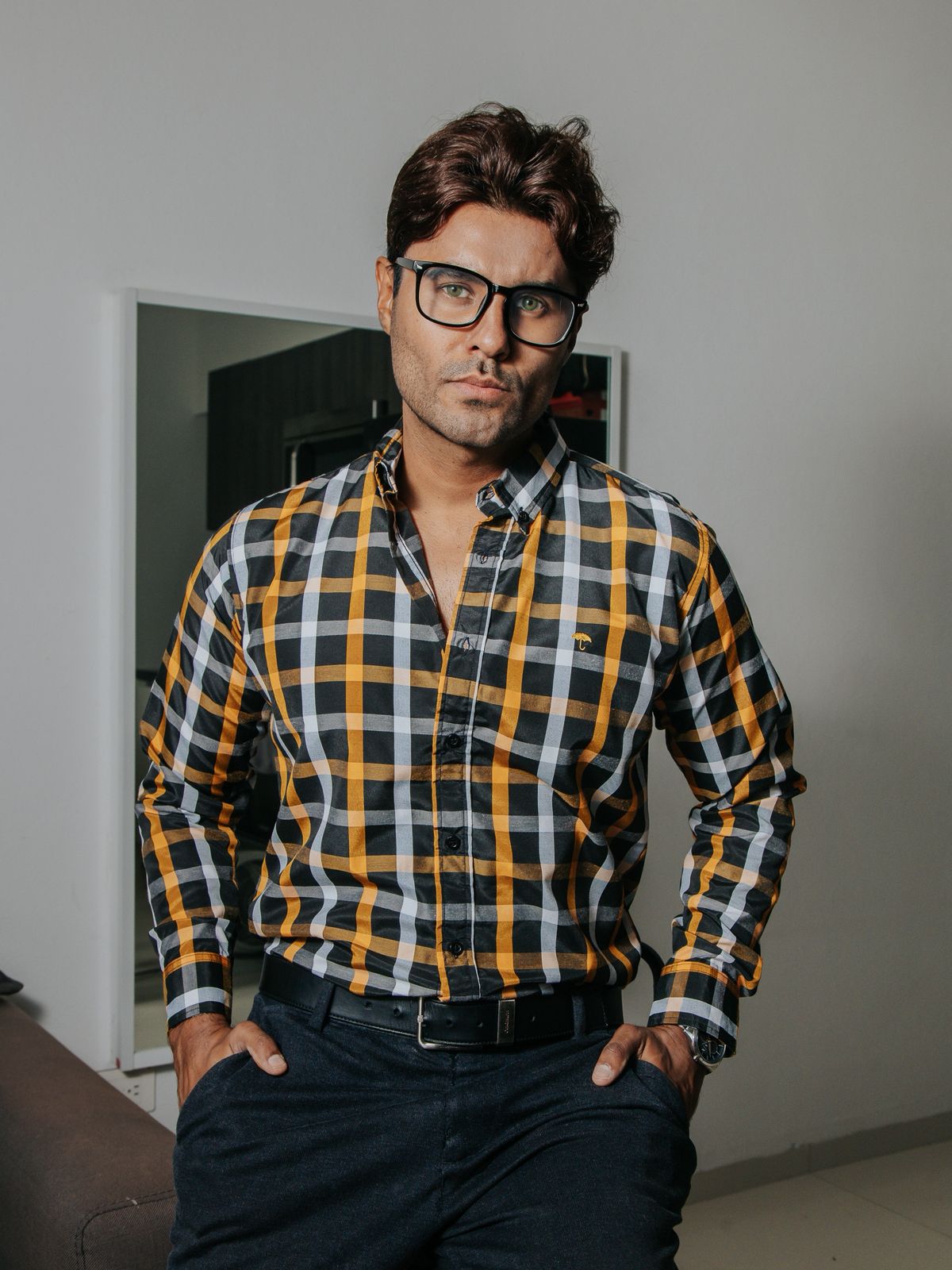 Camisa Hombre Casual Cuadros Blanco Naranja Negro