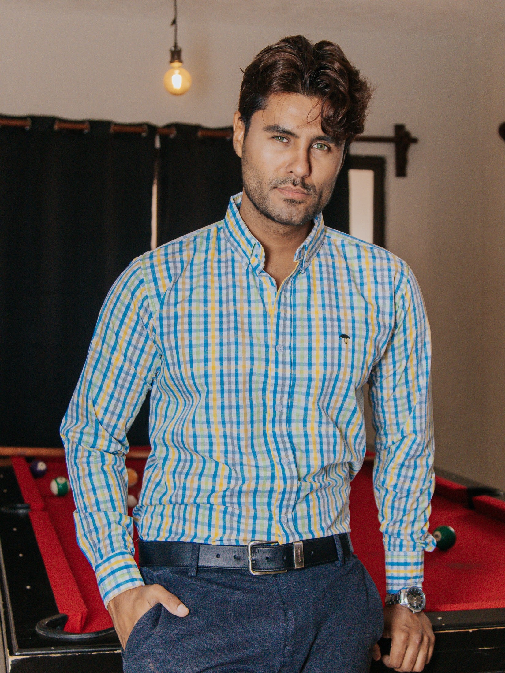 Camisa Hombre Casual Cuadros Pastel Amarillo Verde y Azul