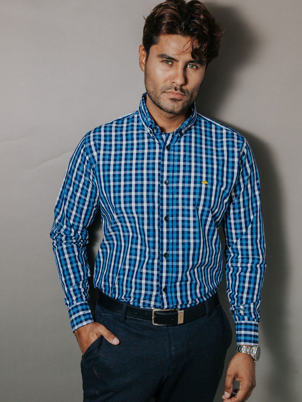 Camisa Hombre Casual Cuadros Azul y Gris