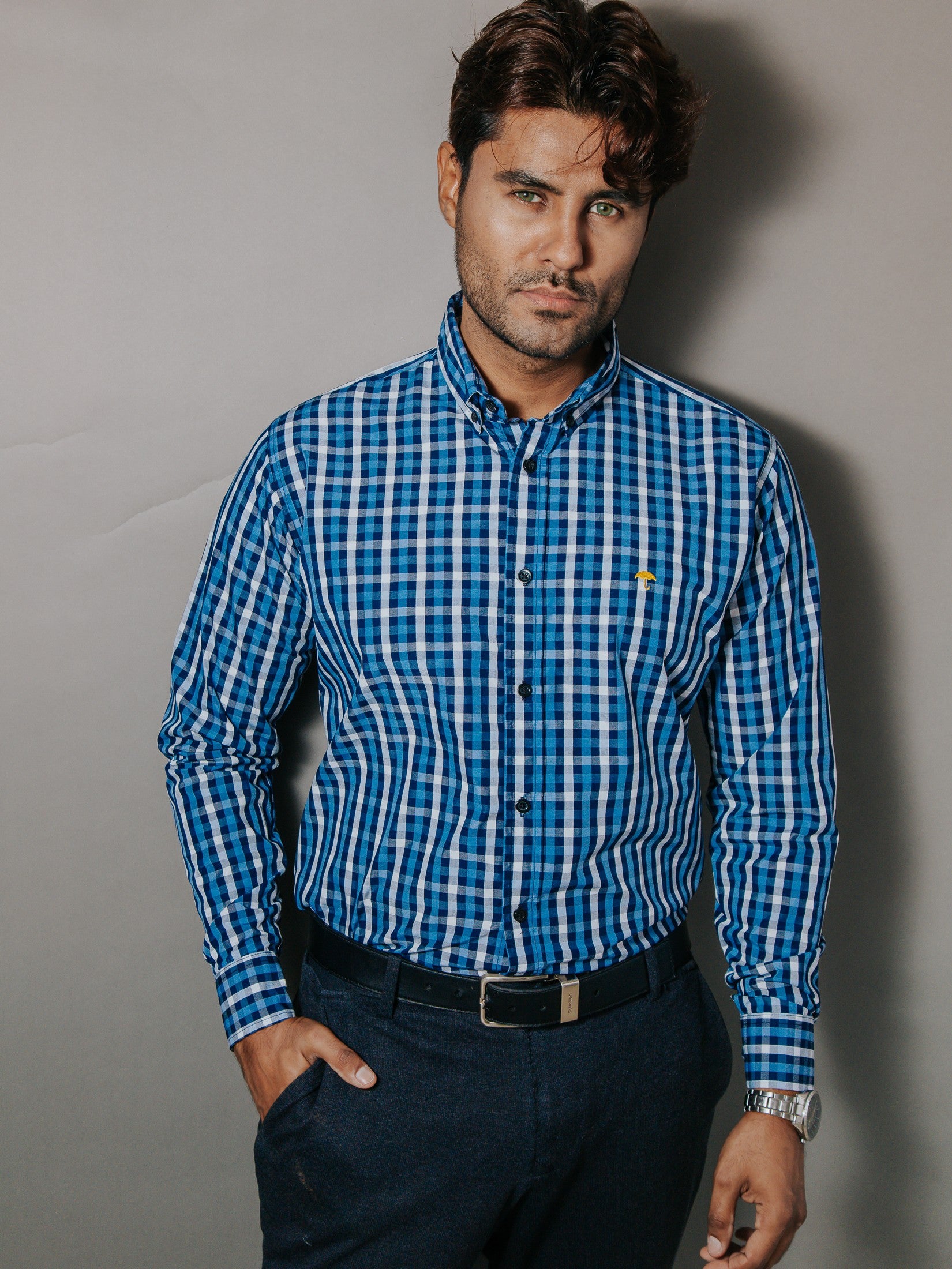 Camisa Hombre Casual Cuadros Azul y Gris
