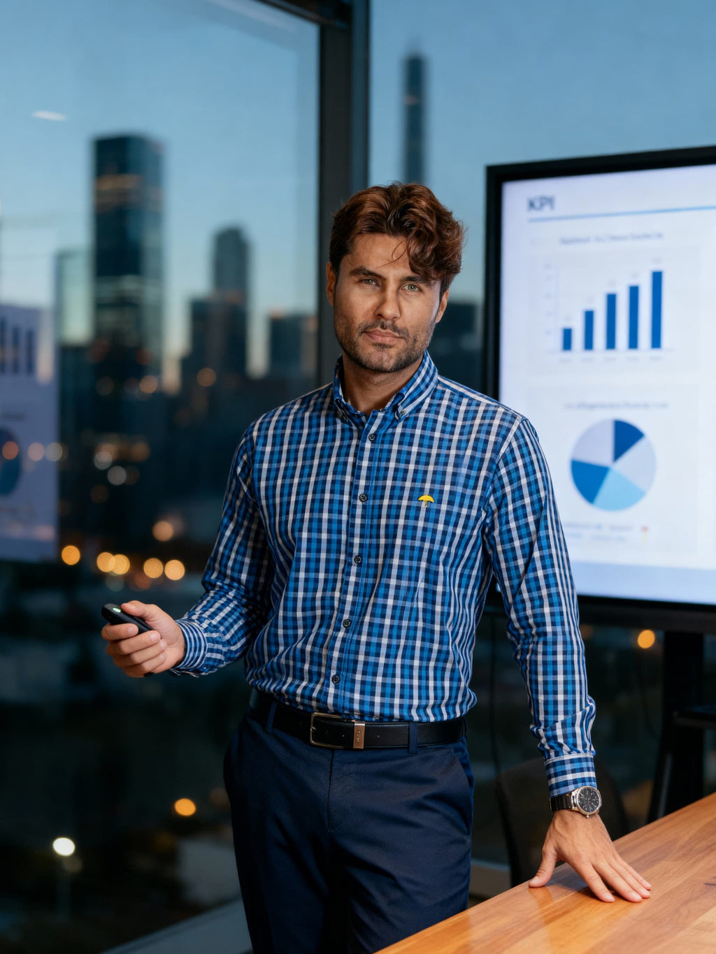 Camisa Hombre Manga Larga Cuadros Azul Blanco