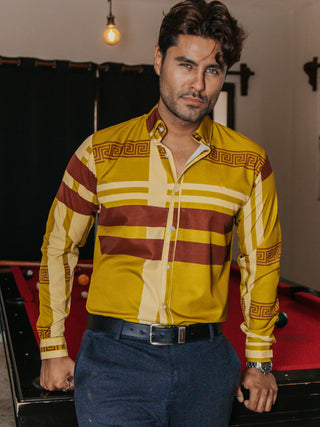 Camisa Hombre Casual Verde Olivo Detalle Griego Chocolate