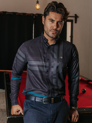 Camisa Hombre Casual Negro Detalles Griego Menta Oscuro