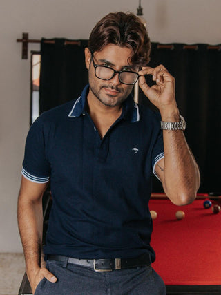 Playera Polo Hombre Slim Fit Azul Marino Detalles Blanco