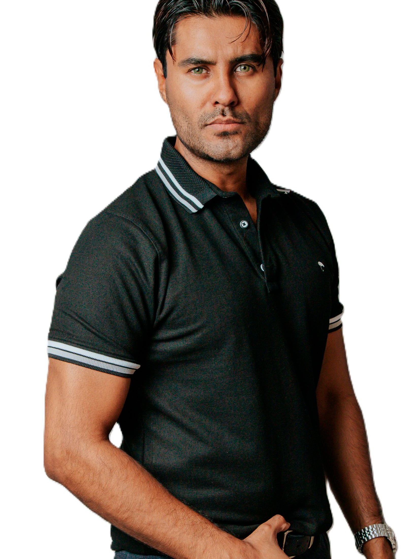 Playera Polo Hombre Casual Negra detalles Gris, Blanco