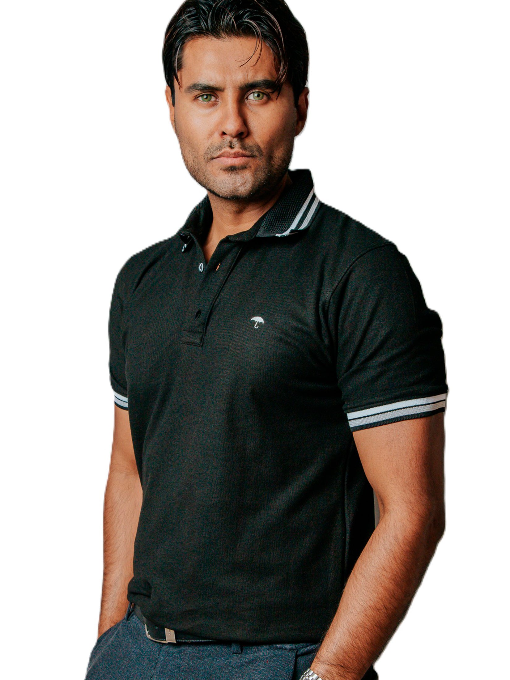 Playera Polo Hombre Casual Negra detalles Gris, Blanco