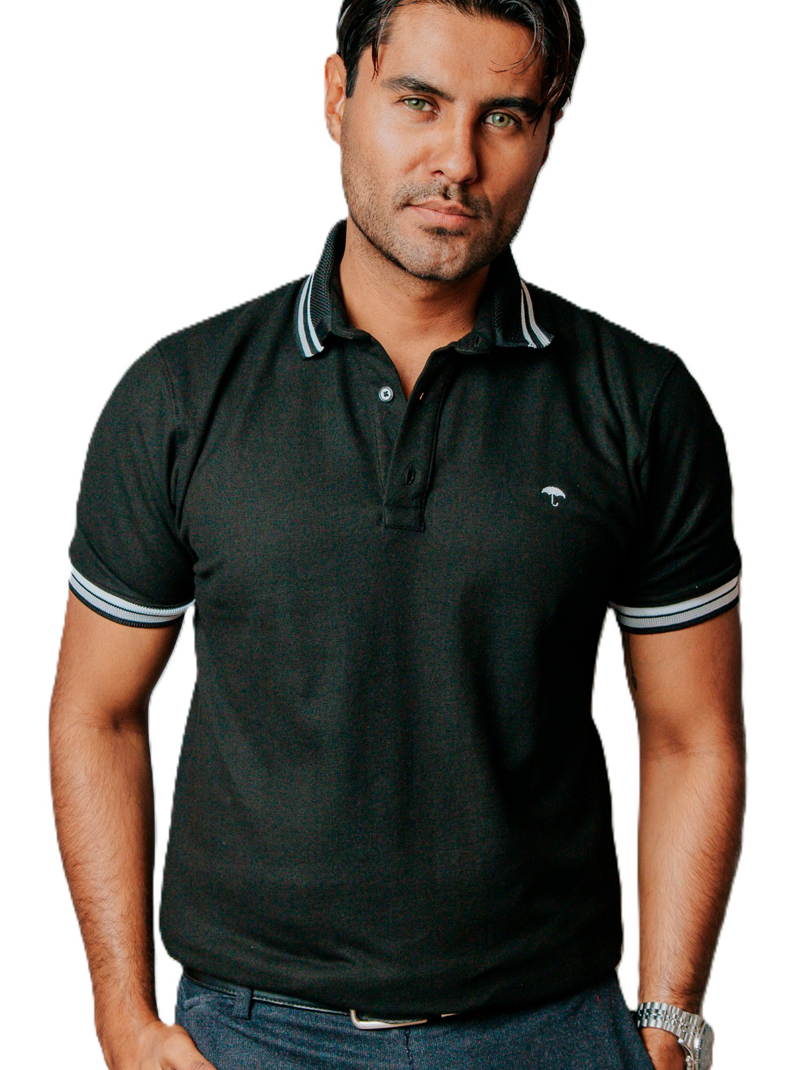 Playera Polo Hombre Casual Negra detalles Gris, Blanco