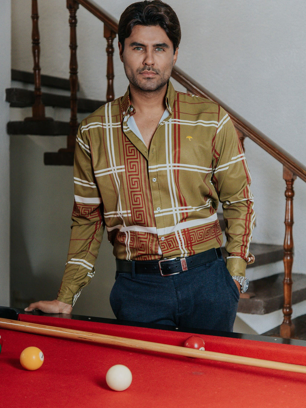 Camisa Hombre Casual Verde Olivo Detalle Griego Marrón y Blanco - 34 (S)-Tiendas Platino