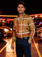 Camisa Hombre Casual Verde Olivo Detalle Griego Marrón y Blanco