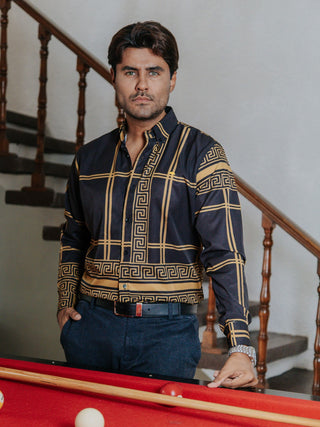 Camisa Hombre Casual Negro Detalle Griego Dorado