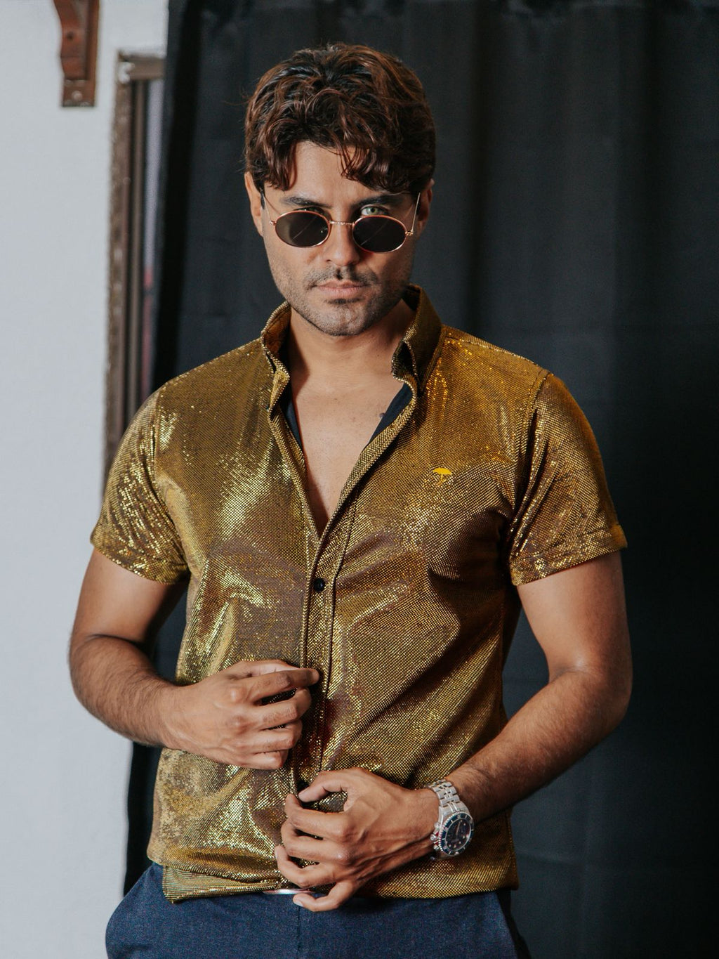 Camisa Hombre Casual Oro Brillante Manga Corta