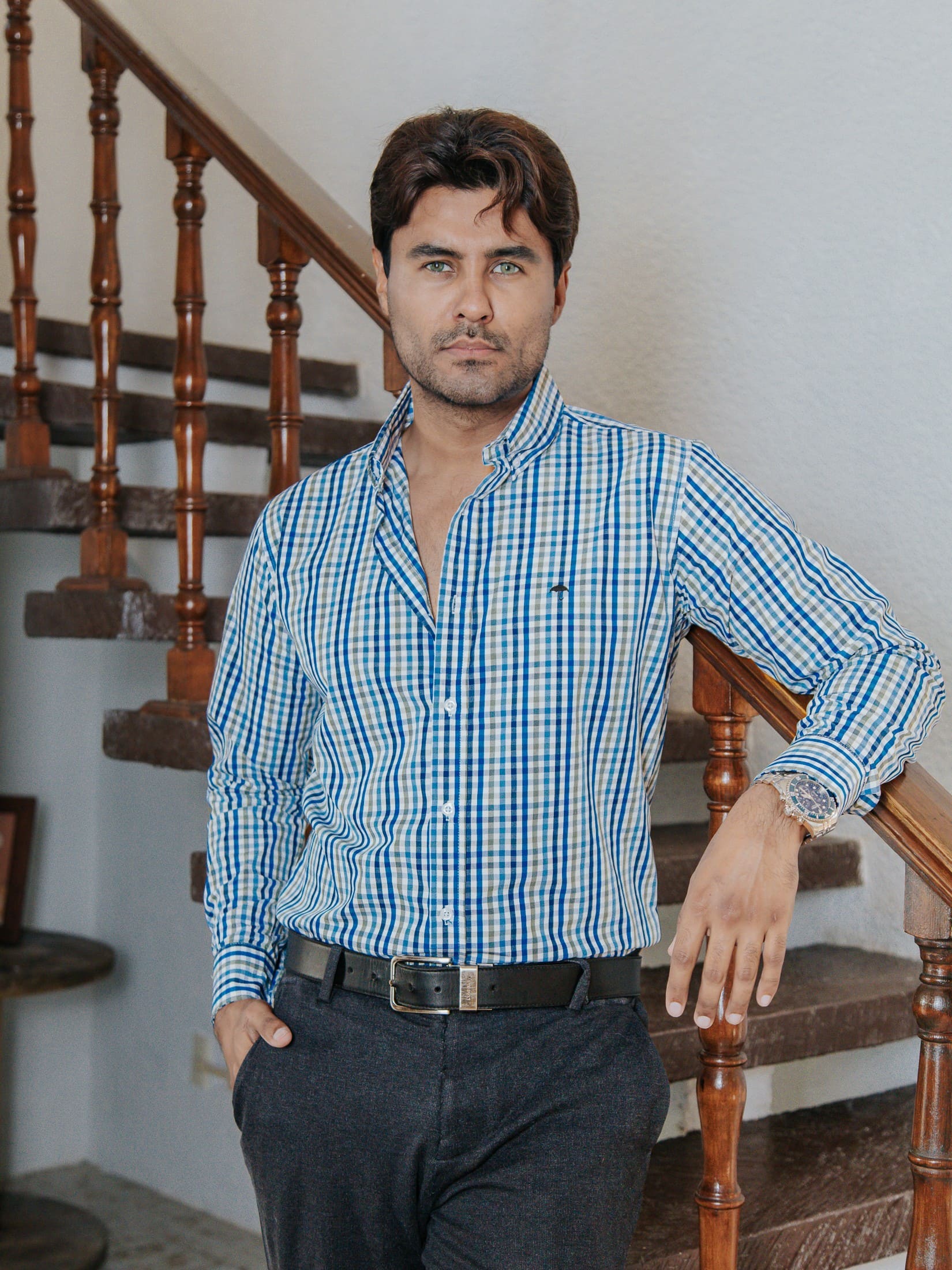 Camisa Hombre Casual Cuadros Azul Cielo Gris y Azul Marino
