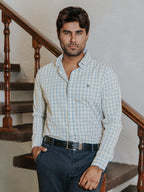 Camisa Hombre Casual Minicuadros Azul Cielo Negro y Amarillo