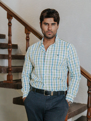 Camisa Hombre Casual Líneas Azul Cielo y Verde