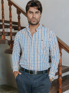 Camisa Hombre Casual Líneas Azul Cielo Melón y Café
