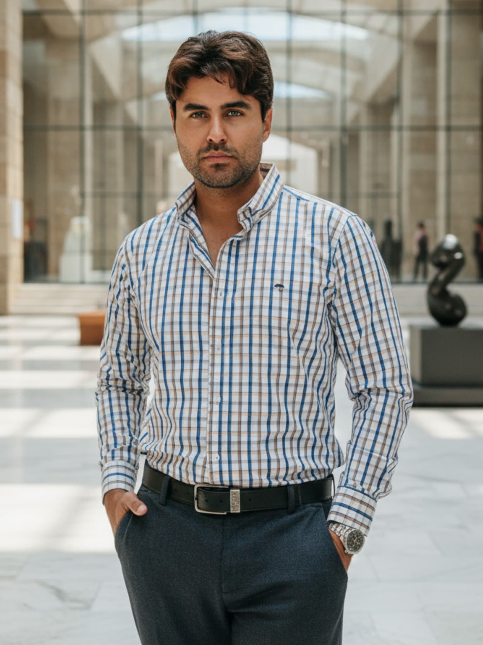 Camisa Hombre Casual Líneas Azul Cielo Melón y Café