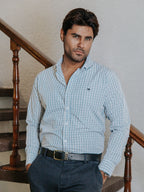 Camisa Hombre Casual Minicuadros Verde Olivo y Gris
