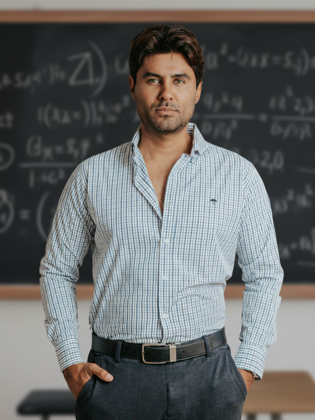 Camisa Hombre Casual Minicuadros Verde Olivo y Gris