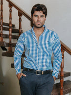 Camisa Hombre Casual Cuadros Azul Grisáceo