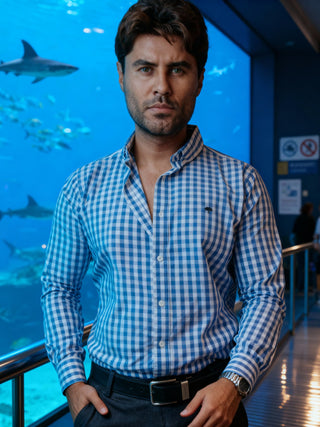 Camisa Hombre Casual Cuadros Azul Grisáceo