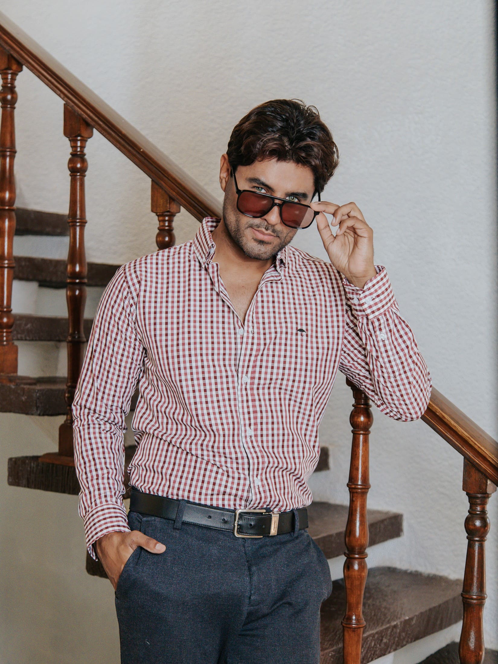 Camisa Hombre Casual Cuadros Vino