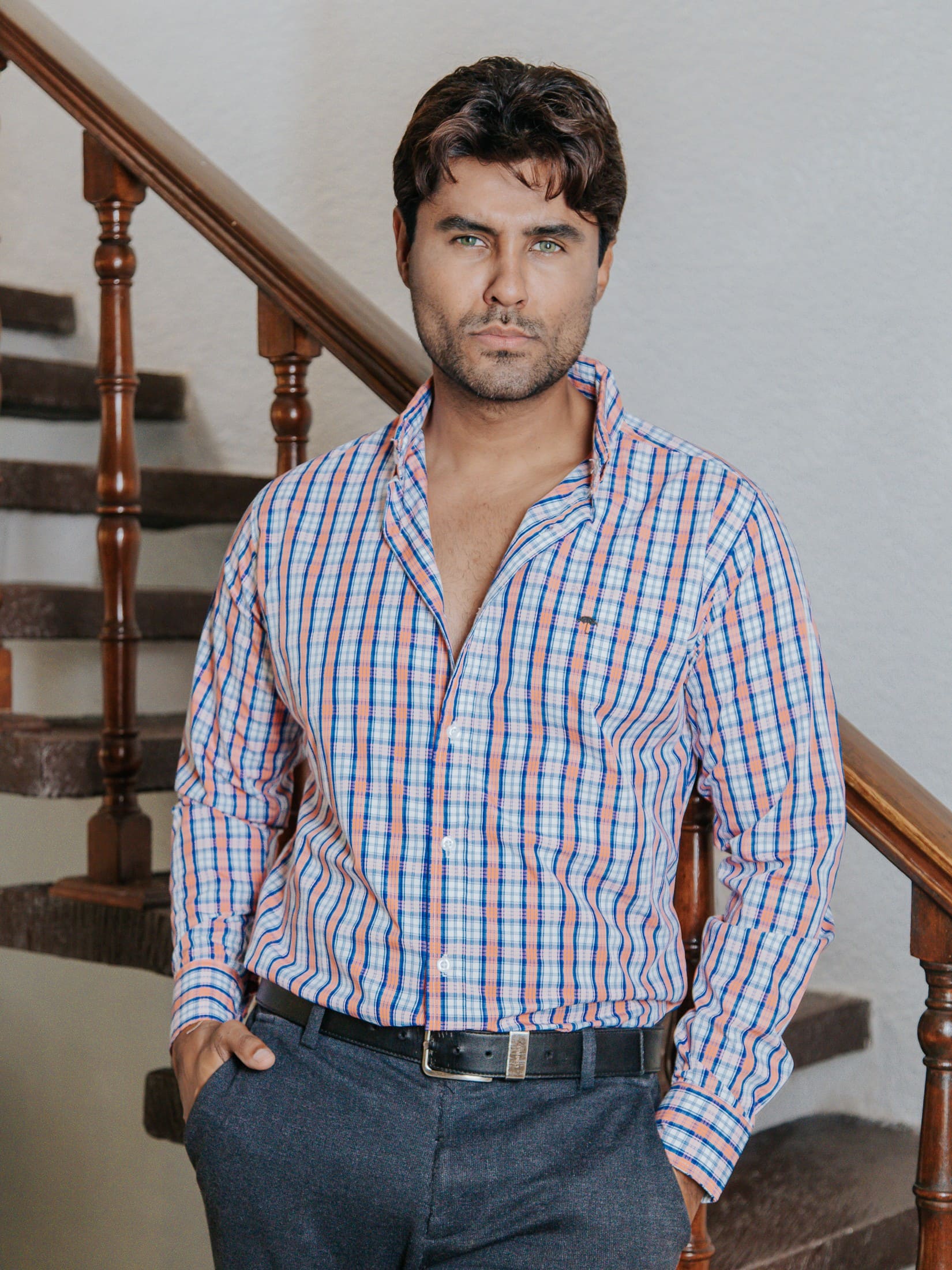 Camisa Hombre Casual Cuadros Naranja y Azul Marino