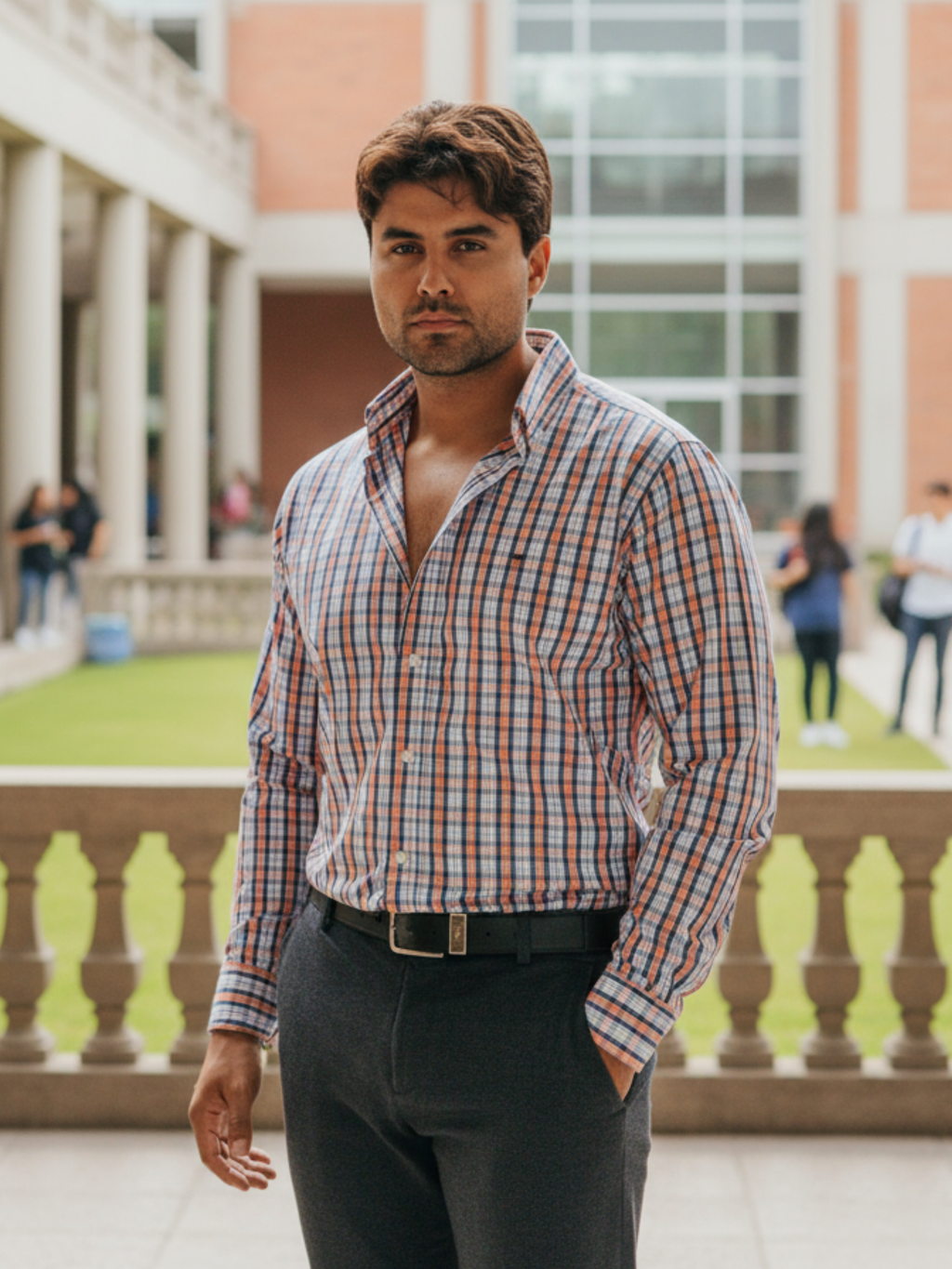 Camisa Hombre Casual Cuadros Naranja y Azul Marino