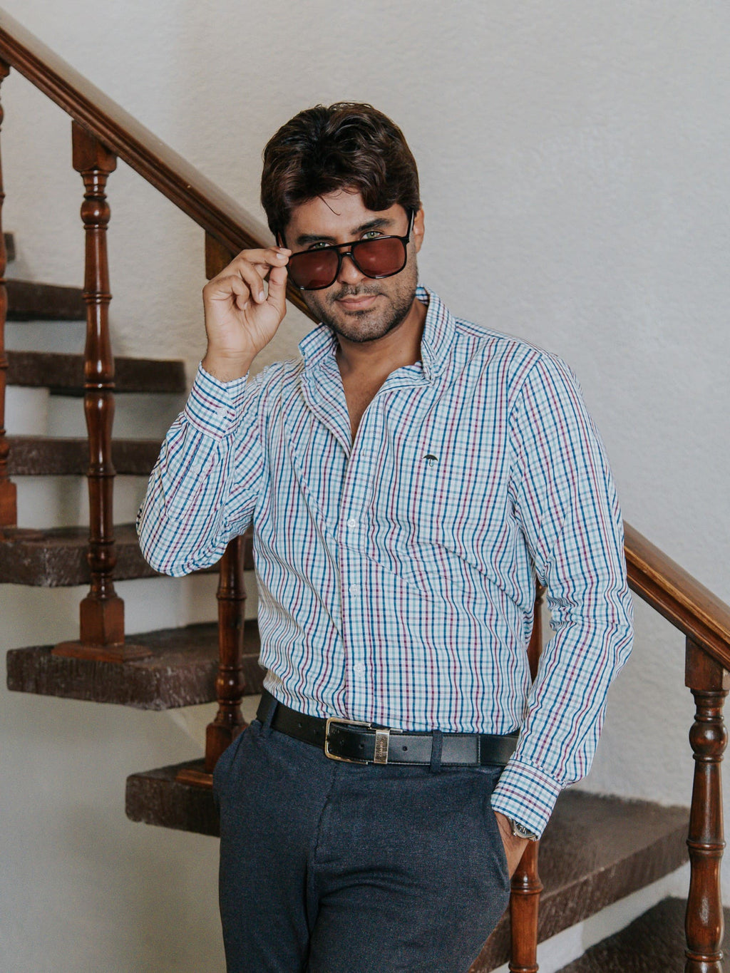 Camisa Hombre Casual  Minicuadro Azul Marino Vino y Turquesa