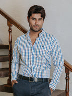 Camisa Hombre Casual Líneas Azul Cielo Café y Gris