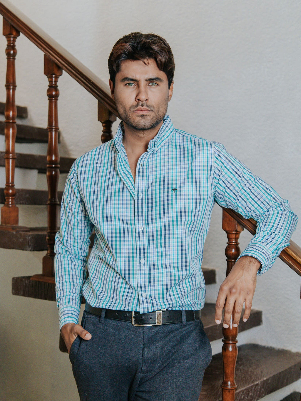 Camisa Hombre Casual Minicuadros Azul Gris y Verde