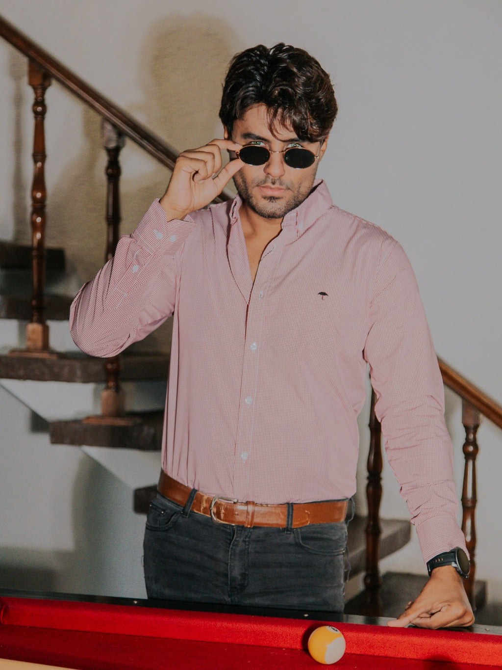 Camisa Hombre Casual Microcuadro Rojo