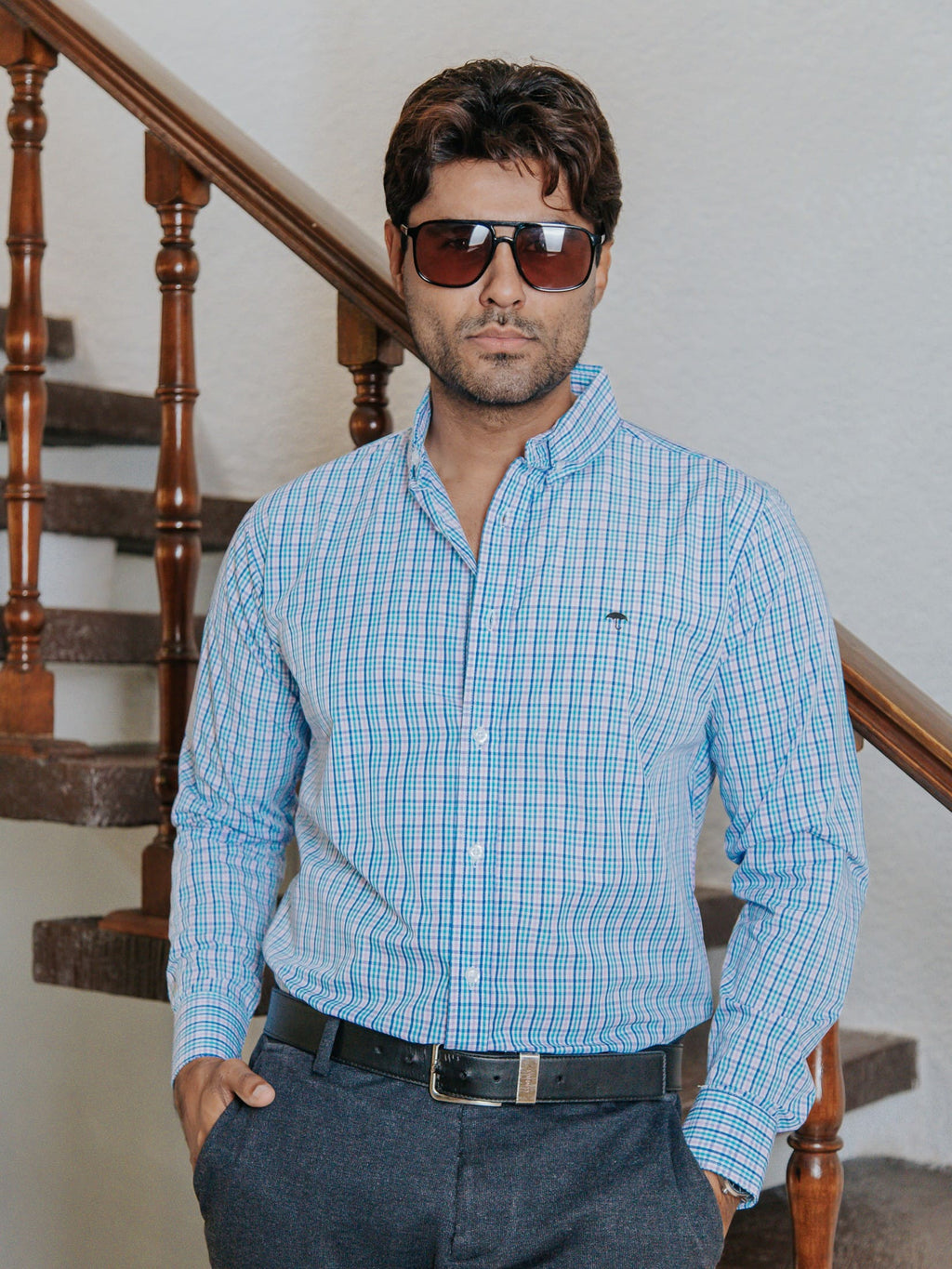 Camisa Hombre Casual Microcuadro Rosa Turquesa y Azul