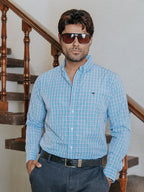 Camisa Hombre Casual Microcuadro Rosa Turquesa y Azul