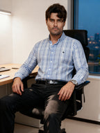 Camisa Hombre Casual Cuadro Azul Marino Azul Cielo Azul Grisáceo