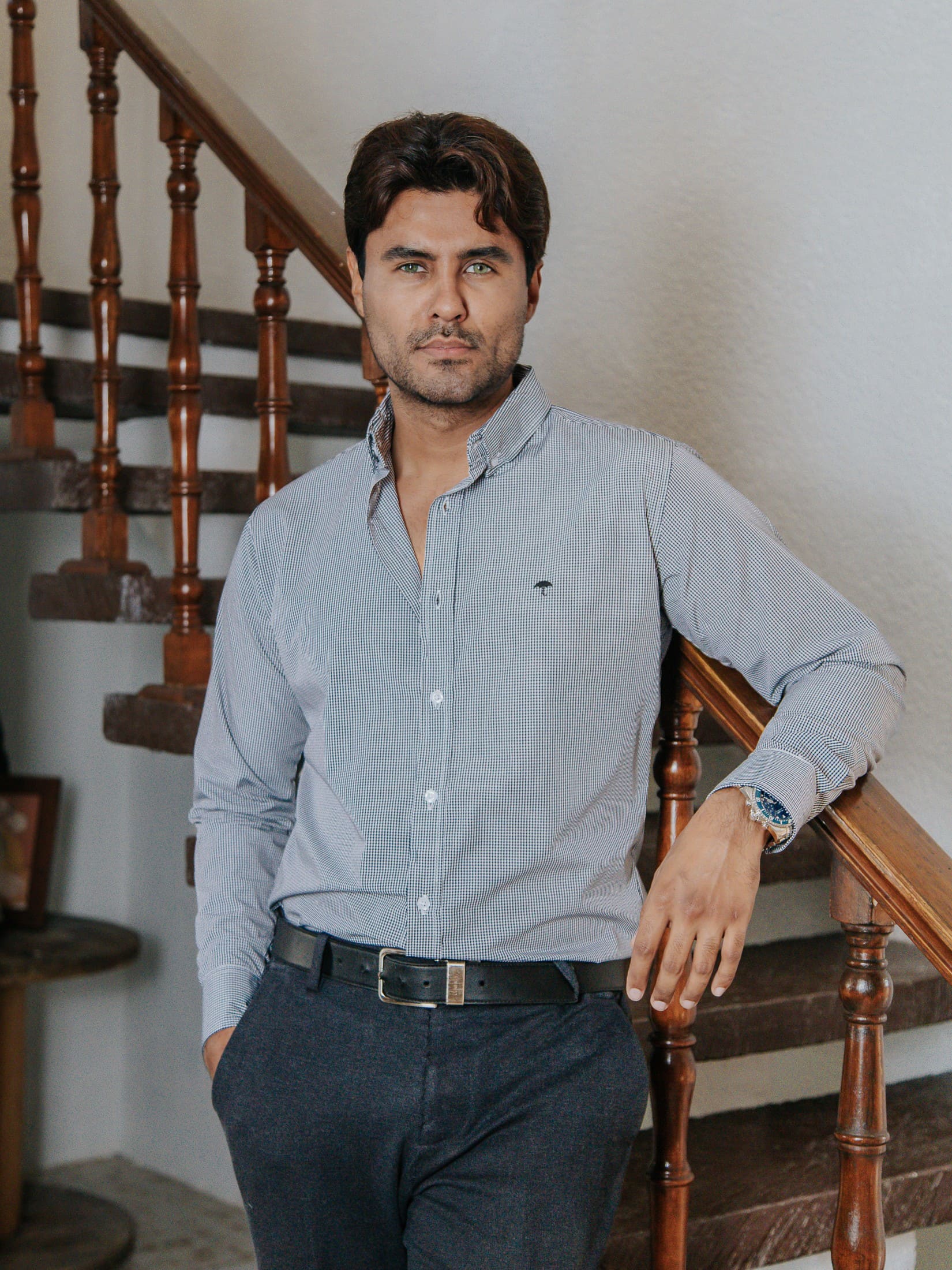 Camisa Hombre Casual Microcuadro Azul Marino