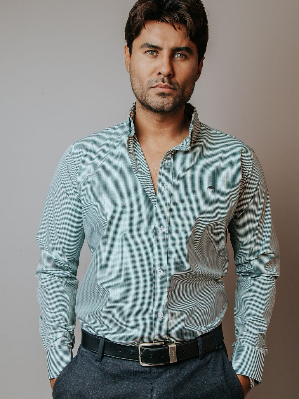 Camisa Hombre Casual Microcuadro Verde