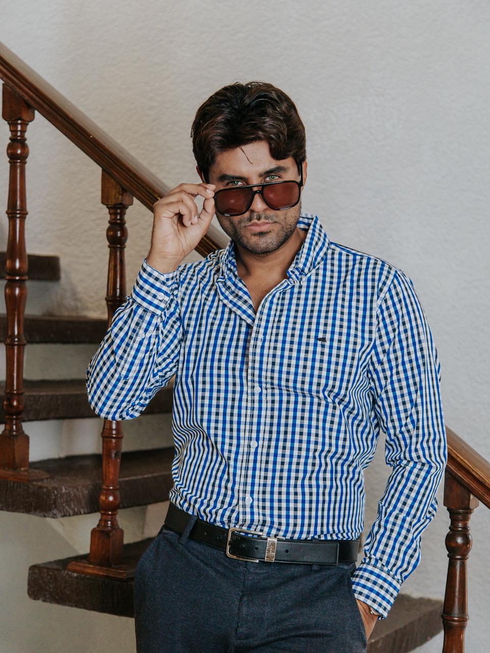 Camisa Hombre Casual Cuadro Azul Rey y Negro