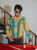 Camisa Hombre Casual Naranja Flores Amarillas Verdes y Azul